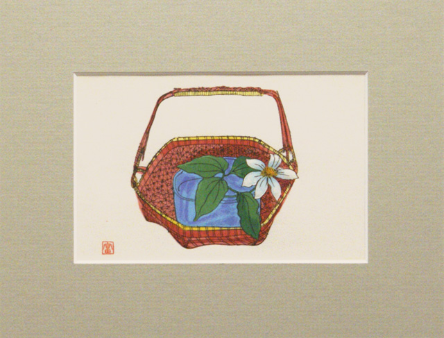 自刻版画「花かご（小版）」